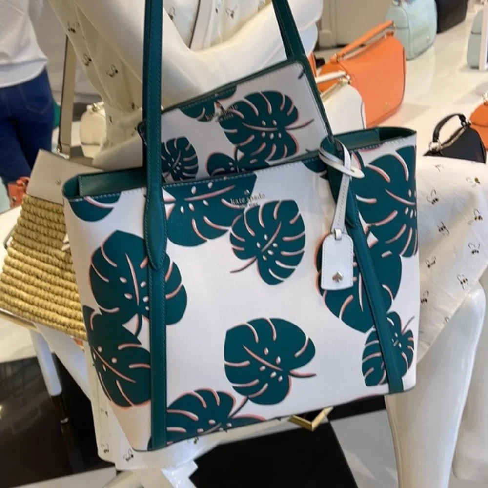 Kate Spade Cara Large Tote Monstera Leaves & Large Slim Bifold Wallet Cream Mult - Picture 5 of 16
